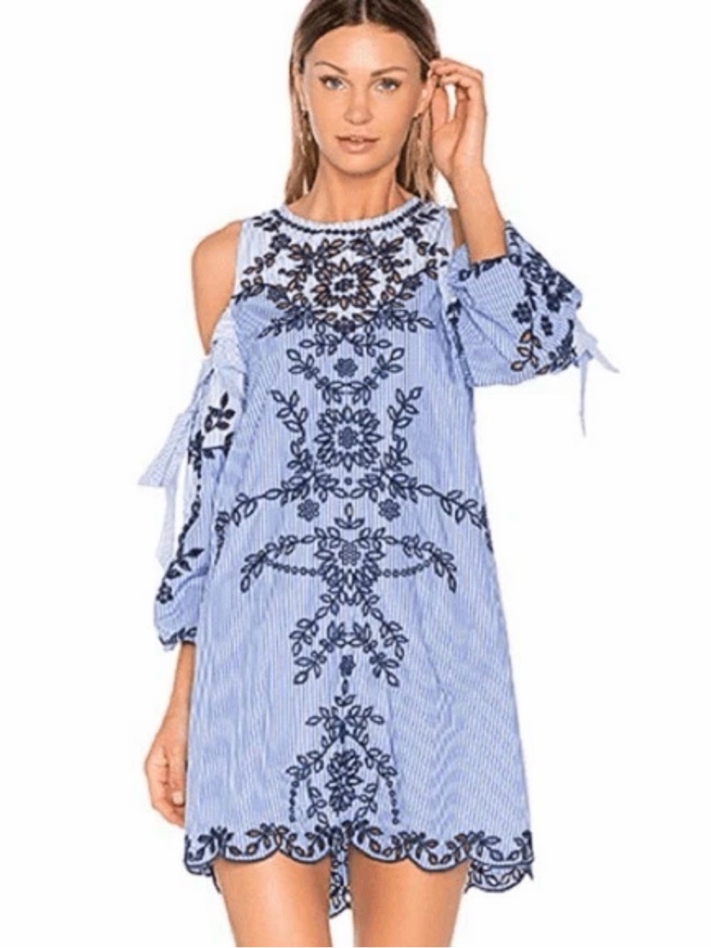 Parker Blue and Navy Embroidered Cold-Shoulder Midi Dress